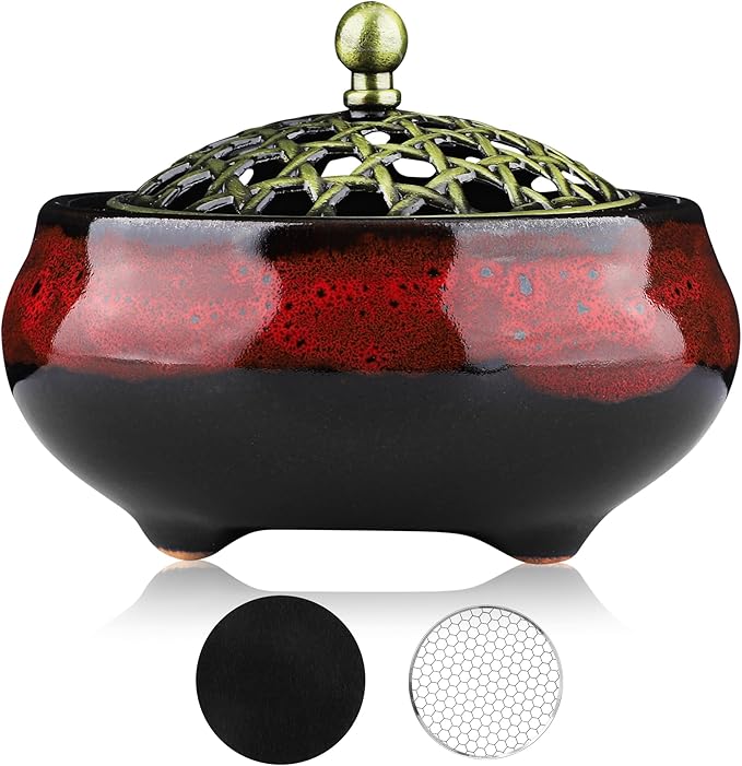 Ceramic Incense Burner for Cone and Backflow Incense, Metal Lid, Stainless Steel Incense Holder, Incense Bowl with Incense Cone Holder & Burner Holder (Fambe Red)