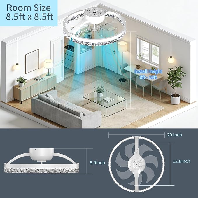 Ceiling Fans with Lights and Remote, 20" Low Profile Flush Mount Ceiling Fan, 3000-6500K Dimmable LED Fandelier, 6 Quiet Speeds for Bedroom