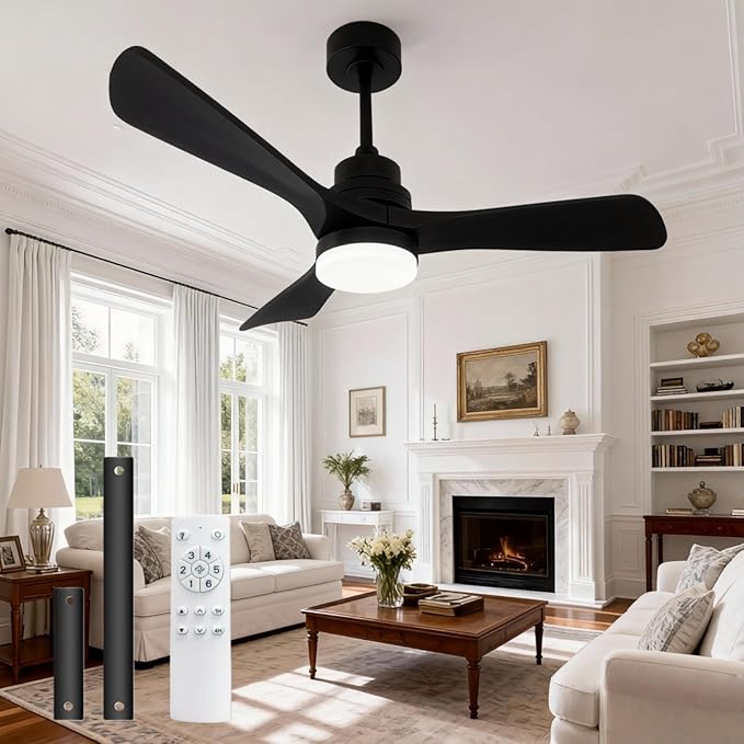 42-inch solid wood ceiling fan with light, black propeller ceiling fan, silent DC motor, suitable for bedrooms, living rooms, dining rooms, porches, indoor and outdoor use(Black, 42 inch)
