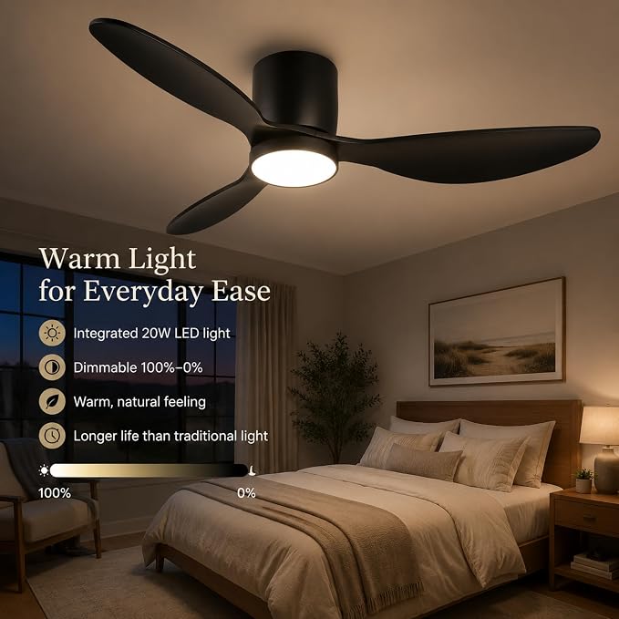 reiga 52" Low Profile Black Wood Ceiling Fan with Light, Quiet DC Fan | 3 solid wood blade, dimmable 3CCT LED light; remote timer control, flush mount for bedroom, dining & living room