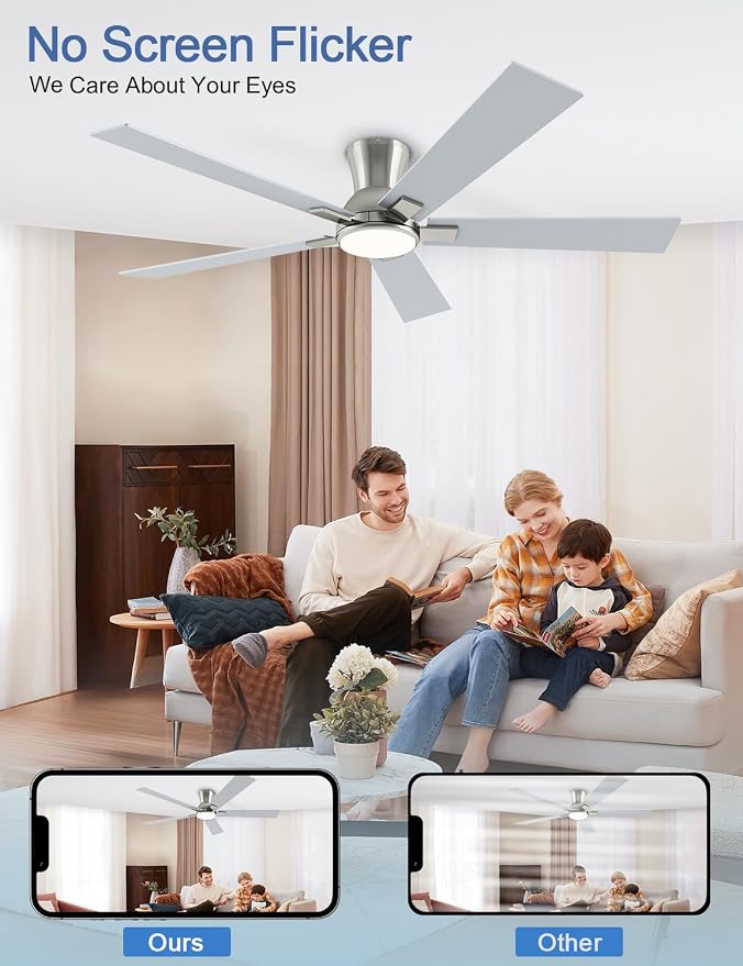 60 Inch Brushed Nickel Flush Mount Ceiling Fans with Lights, 3CCT Dimmable LED, 6-Speed Remote Control, Reversible Motor,Quiet Low Profile Energy-Efficient for Bedroom & Living Room,ETL Listed