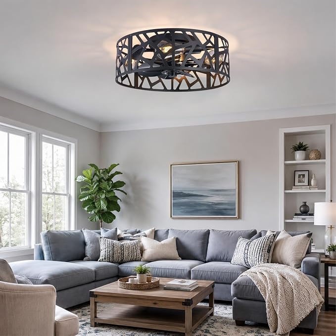 18 inch Caged Ceiling Fan with Light Vintage Black,Flush Mount Fandelier Ceiling Fan with Lights and Remote,Farmhouse Ceiling Fans for Bedroom, Kitchen, Living Room