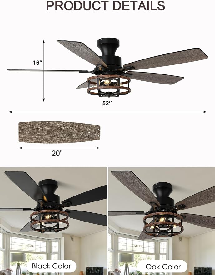 52 Inch Flush Mount Farmhouse Ceiling Fan with Light and Remote Control | 5 Reversible Blades Low Profile Ceiling Fans with 3-Light 6 Speeds 3 Timing for Living Room Bedroom Kitche