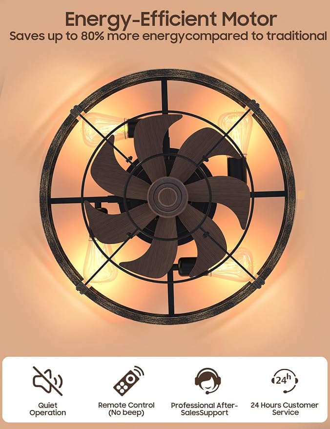 Caged Ceiling Fan with Light and Remote, 20" Low Profile Flush Mount Ceiling Fans with Light, 6 Speed, Timing, Reversible DC Motor, Small Farmhouse Fan Lights for Bedroon Kitchen Living Dining Room