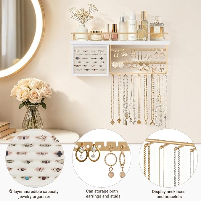 Mkono Hanging Jewelry Organizer Wall Mounted Jewelry Organizer Necklace Holder with Rustic Wood Shelf, Ring Display Box, Ear Studs Earring Holder Bracelet Organizer (Gold)