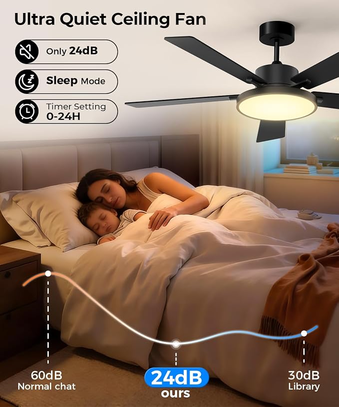 Ceiling Fan with Light,RGBCW Smart 52" Low Profile Ceiling Fan with Light and Remote,Alexa/Google/App Control,Reversible DC Motor,Dimmable,2500lm,Quiet Fan for Bedroom,Living Room Black