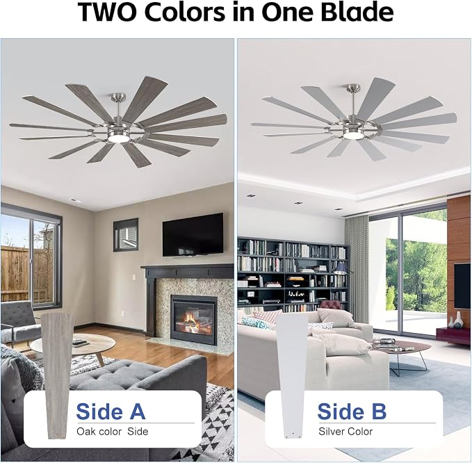 62'' Farmhouse Ceiling Fan with Light,12 Dual-Finish Wind Mill Blades, 3 Downrods, 6-Speed Reversible DC Motor, High CFM, 3CCT, Indoor Outdoor Modern Industrial Fans for Patio Commercial Shop Garage