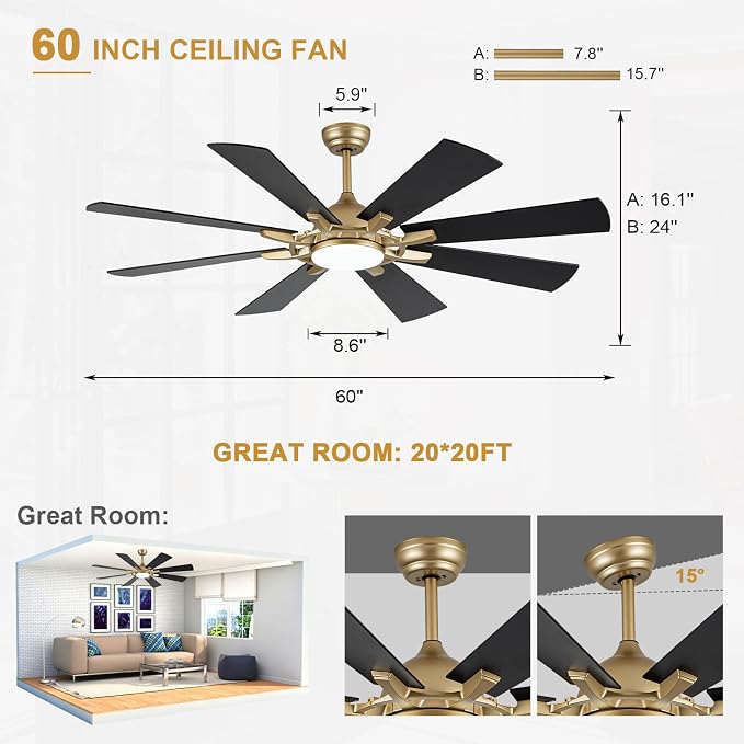 Bella Depot 60" Black and Gold Ceiling Fan with Light & Remote | Dimmable LED Light, 3CCT, 6-Speed Quiet Reversible DC Motor, Timer, Modern Indoor Ceiling Fan for Bedroom Living Room Patio