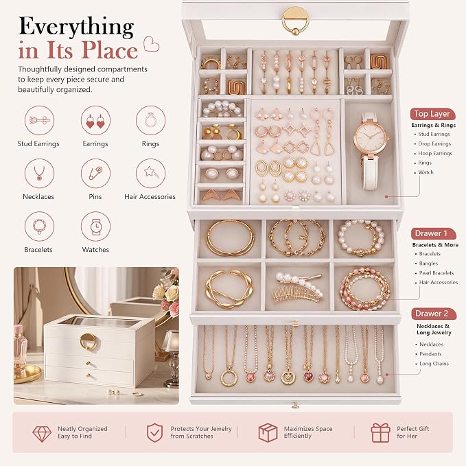 Jewelry Box - 3 Layer Jewelry Organizers and Storage with Clear Lid & 2 Drawers,Jewelry Boxes for Women, Watch Necklace Ring Earring Storage Gift Case, Cloud White | Jewelry Boxes For Women – Velvet Lining, Tangle-Free Storage – Watch, Bracelet, Ring, ...