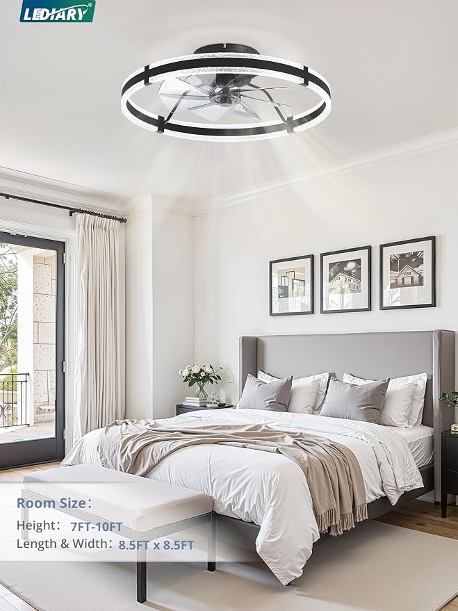 LEDIARY Ceiling Fans with Lights and Remote, 24'' Low Profile Ceiling Fan with Light, 3000-6000K Dimmable Fandelier Ceiling Fans, Modern Flush Mount Fan Light for Bedroom with 6 Wind Speeds- Black