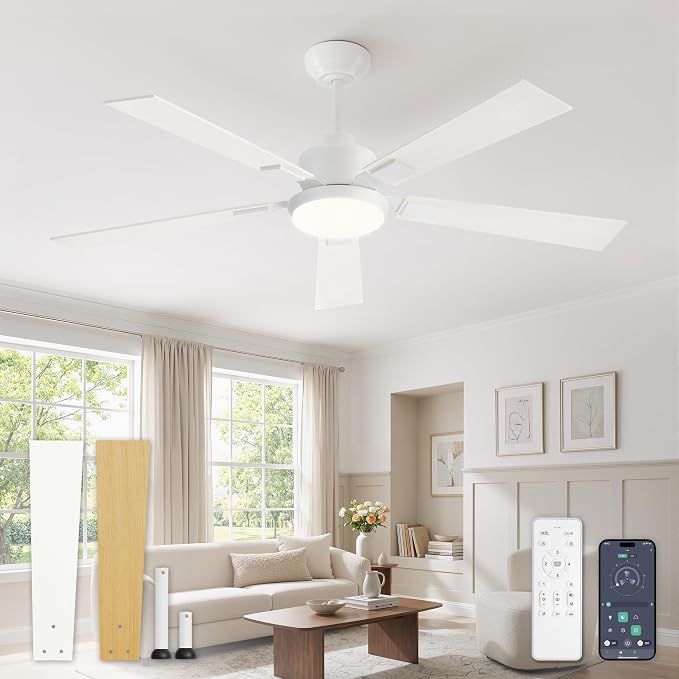 52 Inch Ceiling Fans with Lights and Remote&APP Control, White Smart Ceiling Fan with 3000-6000K Dimmable, 10 Speeds Quiet Reversible Motor, Indoor/Outdoor Ceiling Fan for Bedroom Living Room