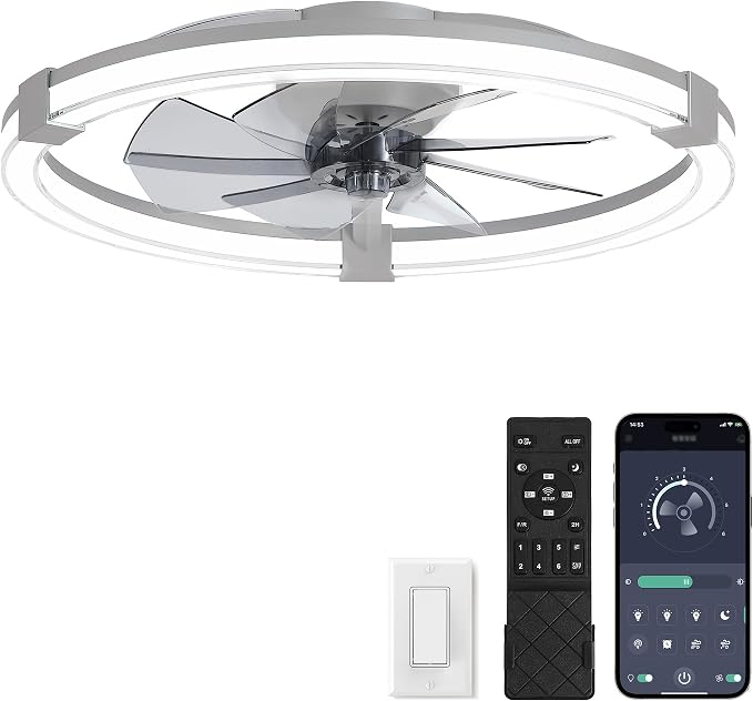LEDIARY Ceiling Fans with Lights, 23 Inch Low Profile Ceiling Fan with Remote, 6 Speeds, Reversible, Dimmable Flush Mount Fan Light, Modern Fandelier Ceiling Fan with Lights for Bedroom, Grey