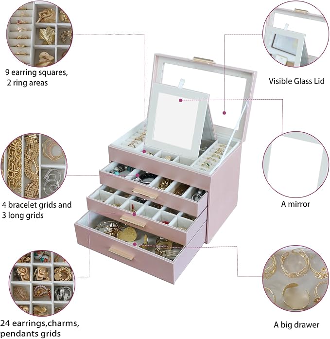 BOOVO Jewelry Boxes for Women, White and Black 6 Layer Large Jewelry Box for Necklace, Bracelet, Earrings, Rings Storage, Jewelry holder Organizer for Girls Gift (Rose gold, 4 layer)