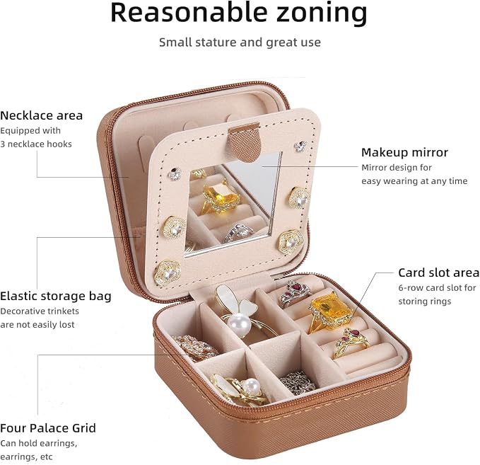 KElofoN Travel jewelry case Travel jewelry box Travel Jewelry Organizer Small Jewelry Organizer Box Gift for Girls Women with Mirror(Coffee)