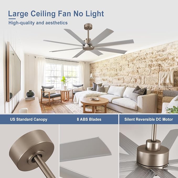 Ceiling Fan: 72 Inch Nickle DC Motor - 8 Large Blades, Remote Control - Farmhouse Indoor/Outdoor Ceiling Fan for Bedroom, Living Room, Patio