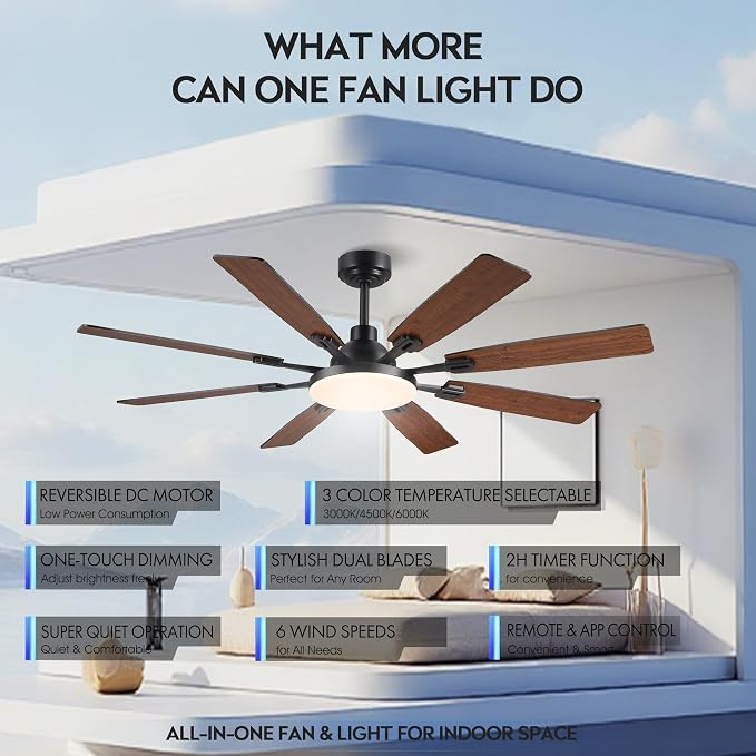 JSAITEE 60In Ceiling Fans with Lights - Brown Low Profile Fan Light with 8 Blades, 6 Wind Speeds Reversible, Dimmable, Modern Light Fixture for Indoor Living Room, Kitchen, Coverd Patios