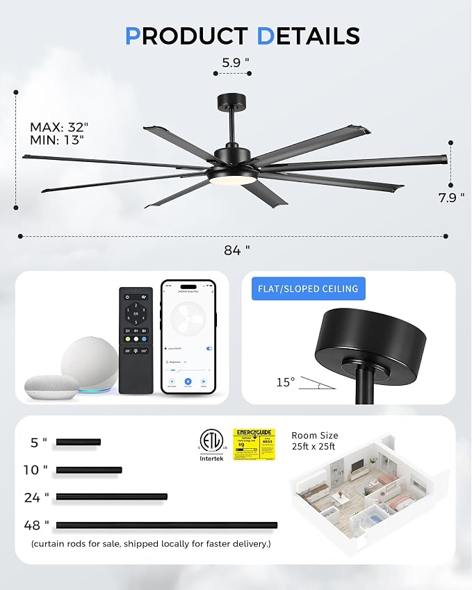 84 Inch Industrial Ceiling Fan with Light, Large Ceiling Fan with 8 Aluminum Blades, Works with Alexa, 6-Speed Reversible DC Motor, 3 CCT Settings, Ideal for Covered Outdoor Spaces, CF04BK-84