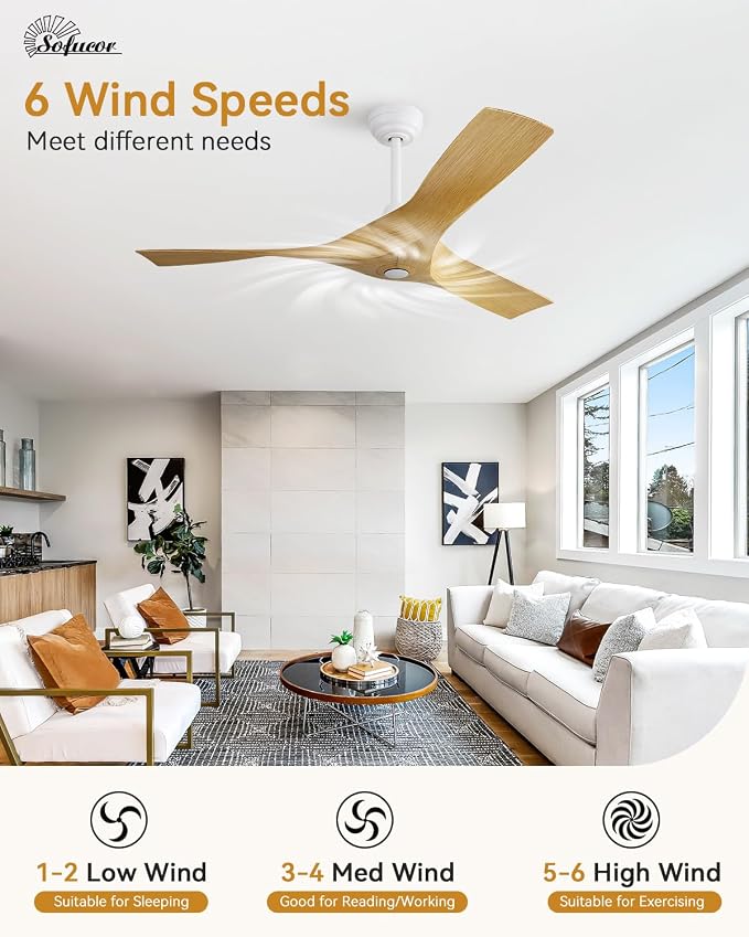 Sofucor 52 Inch Smart Ceiling Fan No Light, Modern Ceiling Fan with 3 Plastic Blades, Compatible with Alexa/Google/App, 6 Speeds 4500CFM, Timer Quiet Reversible DC Motor, ETL/FCC