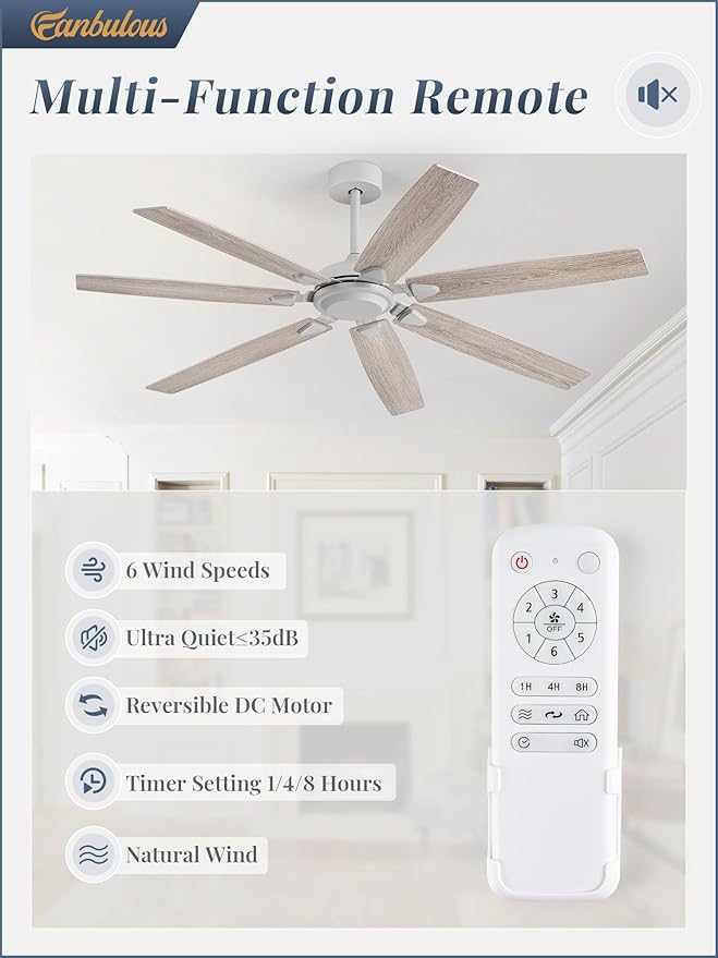 62 Inch Ceiling Fan No Light with Remote Control, Grey Ceiling Fans Without Light With 6-Speeds Quiet Reversible DC Motor, Indoor/Outdoor Ceiling Fan with Dual Finish 7 Blades for Patio Living Room