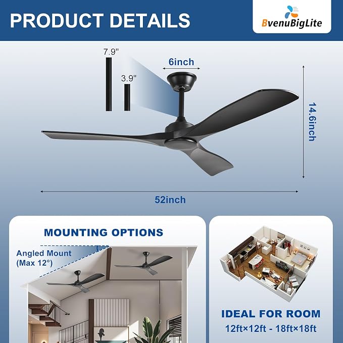 Ceiling Fan Without Light: 52 Inch Outdoor Fan for Patios - Black Ceiling Fan No Light Indoor - Modern 3 Blade Fan with Remote APP Control Reversible 6 Speed DC Motor