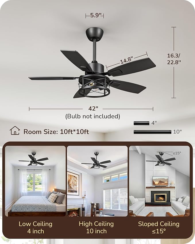 EDISHINE 42" Farmhouse Ceiling Fans with Lights and Remote, 10%-100% Dimmable, 6 Speeds, 5 Wood Blades, Reversible DC Motor, Timer, Quiet, Rustic Caged Fandelier Ceiling Fan for Bedroom Living Room