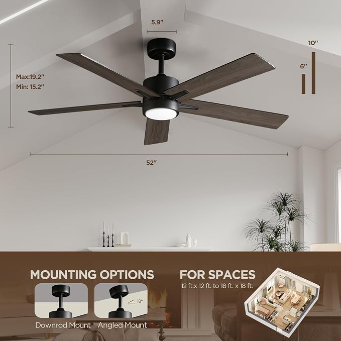 Ceiling Fan with Light Remote: 52 Inch Modern Bedroom Fans with Dimmable Tri-Color Temperature LED - Quiet Reversible DC Motor - Indoor Outdoor