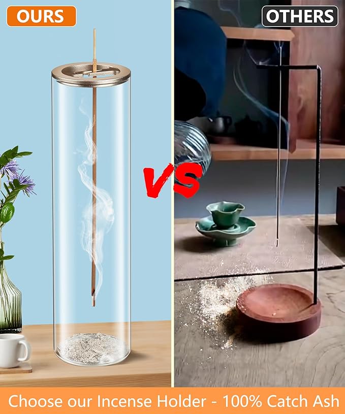 Incense Holder for Sticks [Anti-Ash Flying], Modern Insence-Stick Burner Holder with Removable Glass Ash Catcher, for Home Decor Yoga Meditation (Champagne Gold 2 Pack)