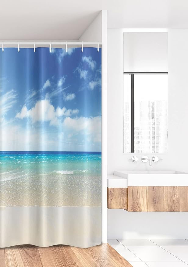 Ambesonne Ocean Stall Shower Curtain, Tropical Sandy Beach at Summer Sunny Day Holiday Vacation Theme Image Print, Fabric Bathroom Decor Set with Hooks, 36" W x 72" L, Blue Ivory