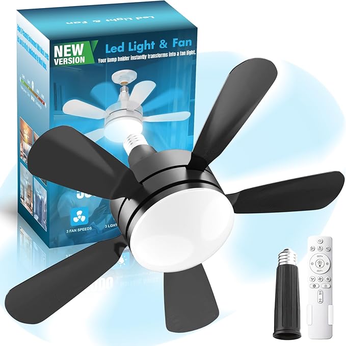 17.7" Socket Fan Light, Stepless Dimmable 3000K-6500K Small Ceiling Fans with Lights and Remote, 3000 Lumens E26/E27 Light Bulb Fan with Reversible Motor, for Bedroom Garage Kitchen Living Room