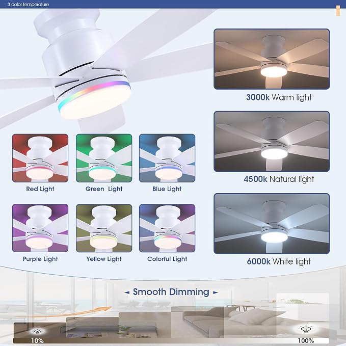 Wiviniya 46 Inch White Flush Mount Ceiling Fans with Lights, 5 Blades Reversible, 6-Speed 2H Timer, RGB & 3 CCT Dimmable, Remote & APP Control for Bedroom Kidsroom