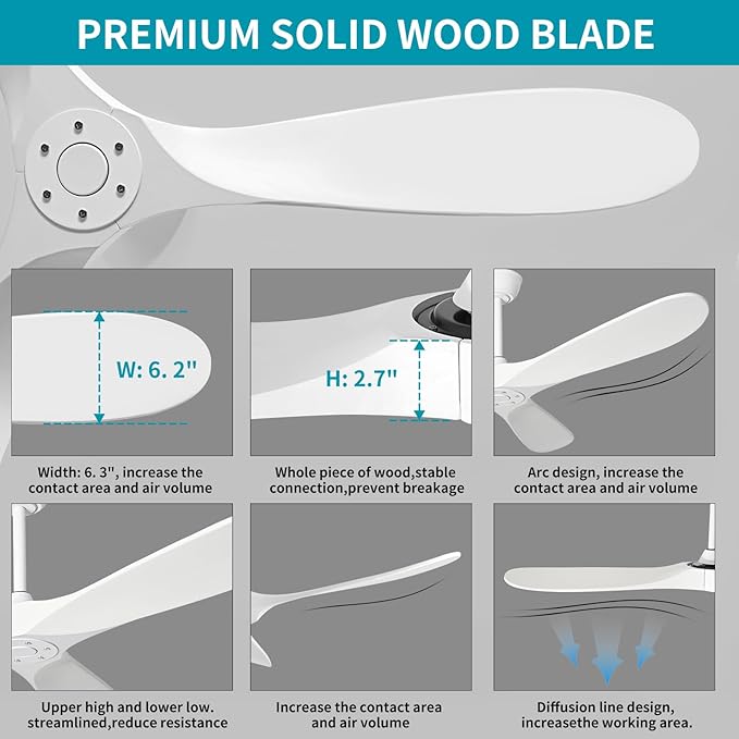 60 Inch White Ceiling Fan No Light ，Wood Indoor Outdoor Ceiling Fans for Patios Living Room Bedroom Porch Big Farmhouse Ceiling Fan for Flat Sloped Angled Ceiling