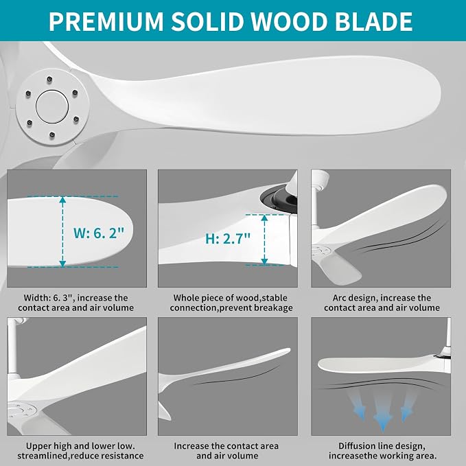 72 Inch White Ceiling Fan No Light ，Wood Outdoor Ceiling Fans for Patios Living Room Garage Kitchen Mid Century Modern Exterior Extra Large Ceiling Fan Without Light with Downrod