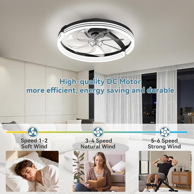AIKVSXER Ceiling Fans with Lights and Remote, 20'' Low Profile Ceiling Fan with APP Control, 3000K-6500K Dimmable, Quiet Reversible DC, Modern Flush Mount Fandelier for Bedroom (Black-Stripe)