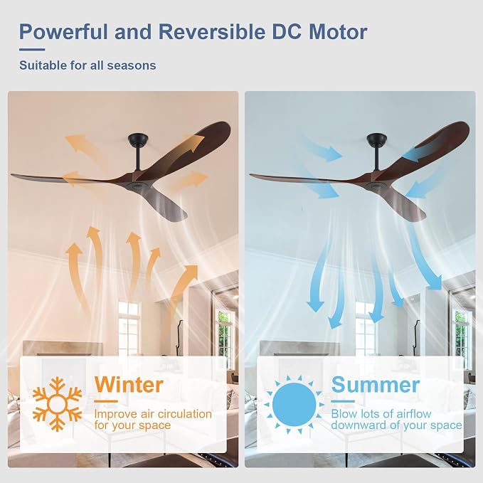 72inch Solid Wood Ceiling Fan no Light,Outdoor Ceiling Fan with Remote,DC Ceiling Fans with Large Airflow for Patios,Gazebos,Living Room,Farmhouse (dark walnut)