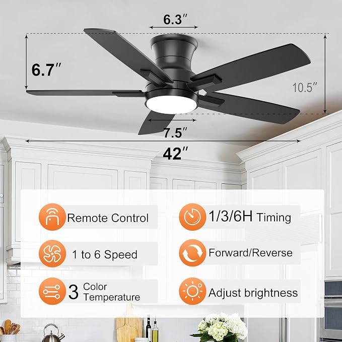 YUHAO 42 Inch Flush Mount Black Ceiling Fan with Light and Remote Control.Noiseless,Dimmable,3CCT,6 Speeds Reversible, Low Profile DC Ceiling Fans for Indoor or Covered Outdoor Use,ETL Listed