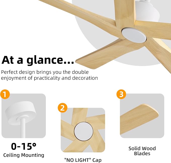 WINGBO 48" DC Ceiling Fan No Light - 5 Carved Solid Wood Blades, 6-Speed Reversible DC Motor, Ceiling Fan without Lights for Living Room Bedroom Kitchen Patio, Indoor and Outdoor, White and Oak