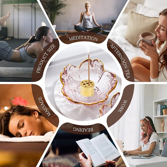 Incense Holder for Sticks and Backflow Incense, Handmade Glass Cherry Blossom Incenses Stick Holder with 9 Incenses Holes Incenses Burner Ash Catcher Ideal for Incense Burning, Home & SPA Decor