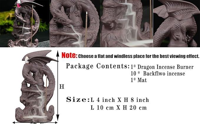 Dragon Backflow Incense Burner Handmade Ceramics Ornamen Statue Fountain Home Decor Waterfall Incense Holder, with 10 Backflow Incense Cones and 1Mat