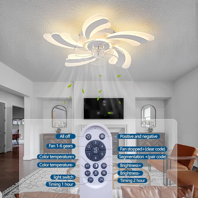 Dalouguan Ceiling Fan with Lights Remote Control, White Flower 6 Speeds 3 Light Color Low Profile Flush Mount Ceiling Fan for Kitchen Bedroom