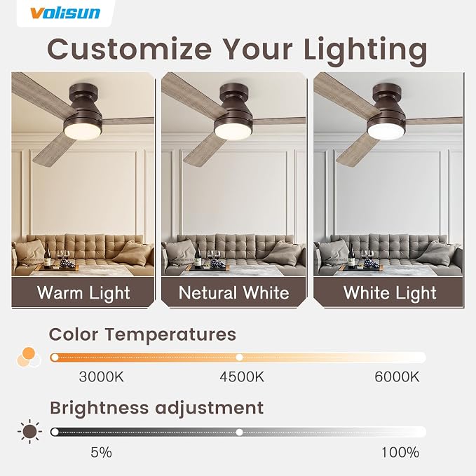 VOLISUN Ceiling Fans with Lights Flush Mount, 42 inch Low Profile Ceiling Fan with Light and Remote, Queit & Reversible Motor,3CCT, Dimmable, Brown Modern Ceilings Fans for Bedroom, Living Room