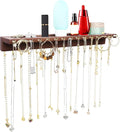 YYILIS Necklace Holder, Upgraded Extra Large Wall Necklace Organizer with 30 Hooks Wall Mounted Necklace Hanger with Jewelry Tray/Cosmetics Shelf Rustic Pine Wood Holder (Walnut)