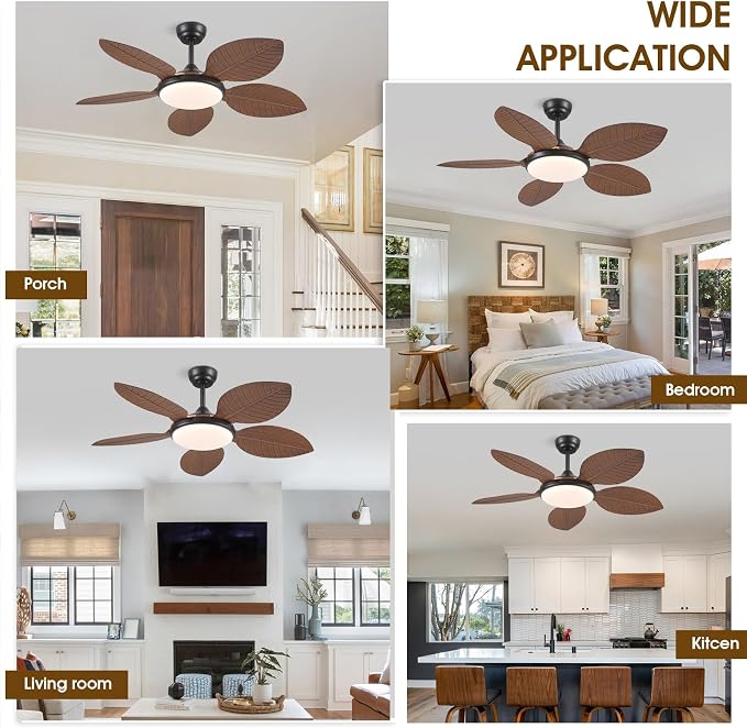 Wiviniya 48 Inch Tropical Ceiling Fans with Lights, Palm Leaf Outdoor Ceiling Fan with Light for Patios Porch Bedroom Living Room, Remote/APP Control, Reversible Quiet DC Motor, Dimmable LED, Brown