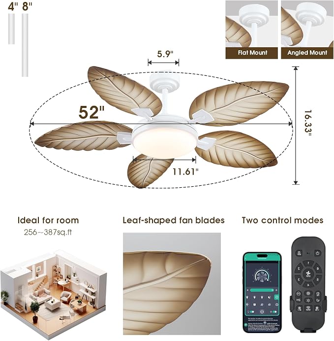 PHORUS 52" Tropical Outdoor Palm Leaf Ceiling Fans with Lights and Remote | Supports Remote and APP, 6 Wind Speeds, Reversible, Dimmable 3CCT LED, 50W Quiet DC Motor,Suits for Living Room Bedroom Patio