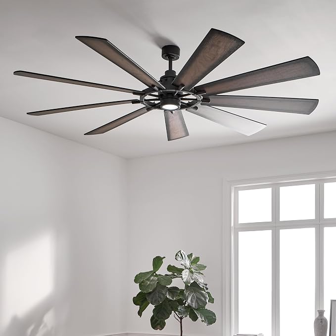 Kichler Gentry XL 85" Ceiling Fan with Lights, 1-Light LED, 3000K, 9 blade Modern Industrial Fan in Distressed Black, (85" W x 16.5" H), 300285DBK