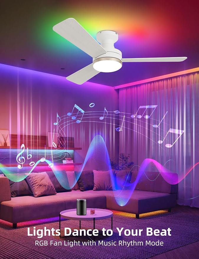 42" RGB Ceiling Fan with Light, Music Sync Smart Fan Works with Alexa/Google Assistant/App Control, Low Profile Flush Mount, 6-Speed Quiet DC Motor, 4 CCT Dimmable Lighting for Bedroom, Champagne Gold