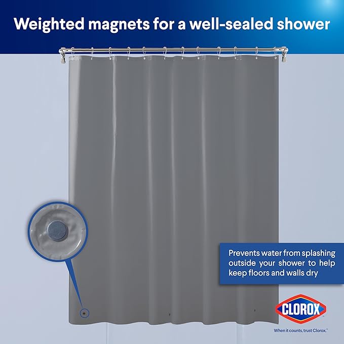 Clorox Shower Curtain Liner, Premium Colored Medium-Weight Durable Waterproof 6g PEVA for Bathroom with Weighted Magnets, Standard Size 72" x 72", Grey