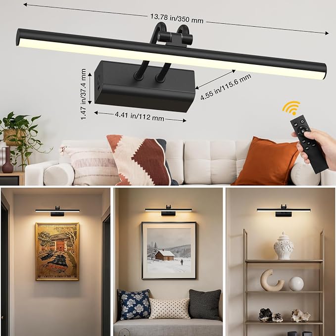 Battery Operated Wall Light for Living Room Picture Light for Wall Set of 2, 4000 mAh, 14'' Dimmable Art Painting Light, Remote Control, Display for Gallery, Living Room, Bedroom (Black)
