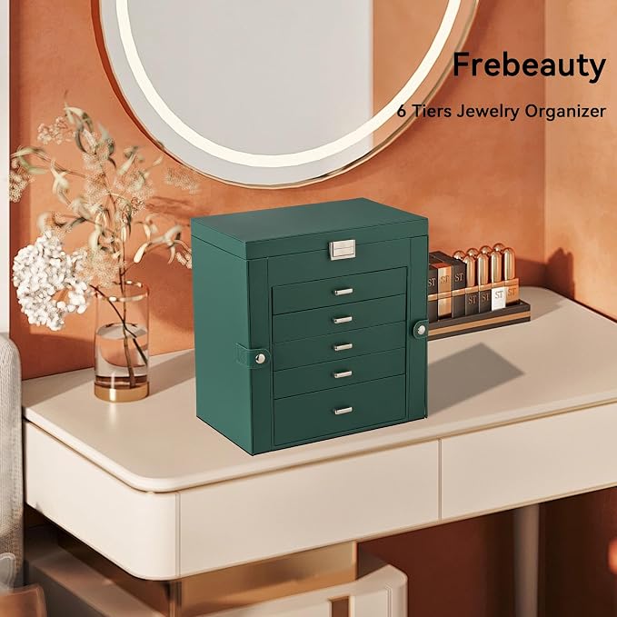 Frebeauty 6-Layer Jewelry Box for Women,Large Jewelry Organizer with Drawer | Faux Leather,Built-in Mirror,Spacious Jewelry Storage,16 Necklace Hooks,Organizing by Category for Rings Earrings Bracelet