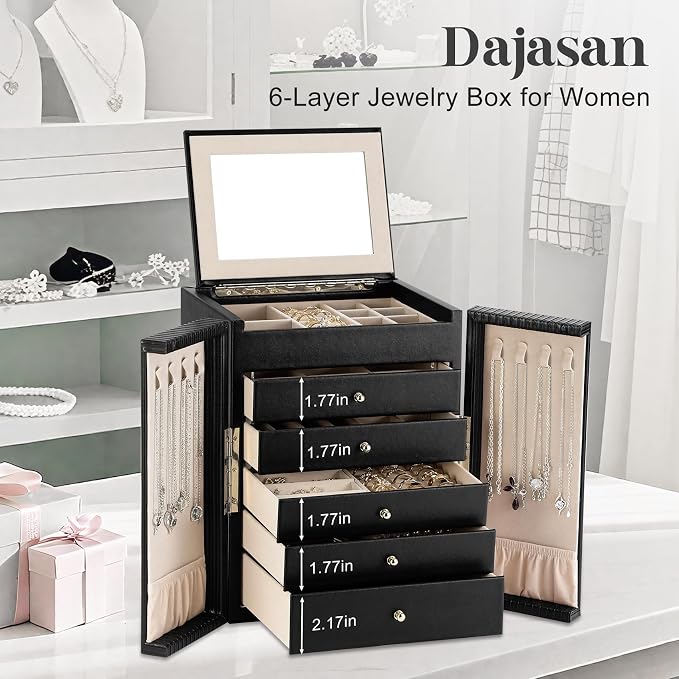 Dajasan Large Jewelry Organizer Box, 6-Tier Jewelry Storage Case with 5 Drawers, Jewelry Boxes for Women Girls with Mirror, Double Door, Textured PU Leather, Gift Idea, Stylish (Black + Gold)