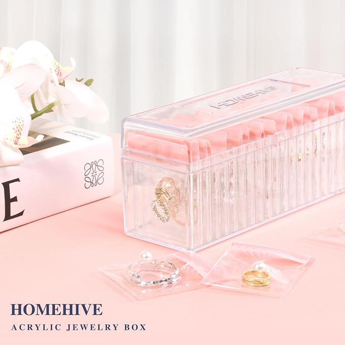 HOMEHIVE Acrylic Jewelry Box Organizer, Clear Jewelry Organizer Holder with 20 Portable Anti Tarnish Jewelry bags, Travel Jewelry Case for Earrings/Rings/Necklaces for Women Girls, Pink